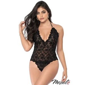 MAPALE Women's Lace Teddy Black Small Embroidered Floral V Neck Tie Neck NWOT - Picture 1 of 11