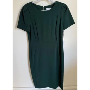 NWT Calvin Klein Crew Neck Tulip Sleeve Dress Midi Knee Size 12 Hunter Green - Picture 1 of 9