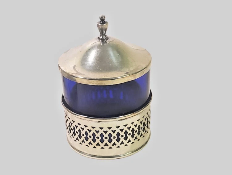 Tarro de mostaza Webster Sterling con revestimiento de vidrio cobalto Foto 1 de 4