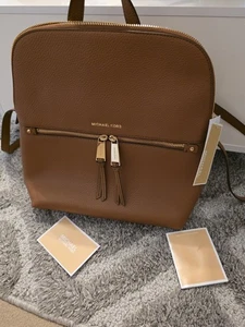 Michael Kors Rhea Zip Medium Slim Backpack Ruck Pebble Brown Faux Leather - Picture 1 of 15