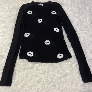 Top Lauren Moshi Talla M Negro McKinley Mini Besos Labios Acanalado Manga Larga - Imagen 1 de 5
