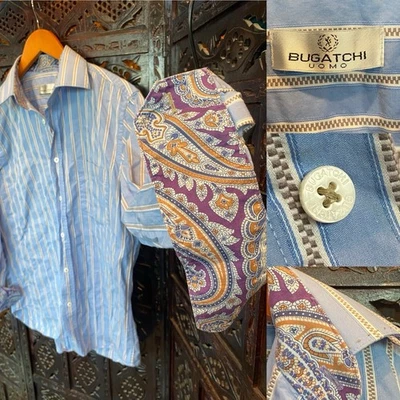 BUGATCHI UOMO Sz L Mens Shirt L/S Light Blue Stripe Paisley Luxe Orig $150 - Image 1 of 4
