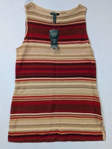 Lauren Ralph Lauren Sleeveless Striped Knit Top XL Cotton Linen Beige Red - Picture 1 of 13