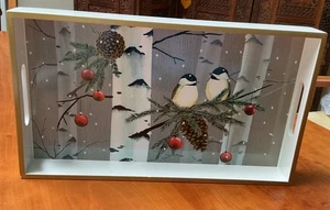 Lacquered Wood Tray by Paperproducts Design Winter Chickadees 12x7” - Picture 1 of 6