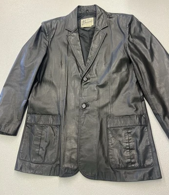 Винтажный Berman черный мужской кожаный блейзер 2 кармана 2 кнопки атласная подкладка размер 44L - Изображение 1 из 4