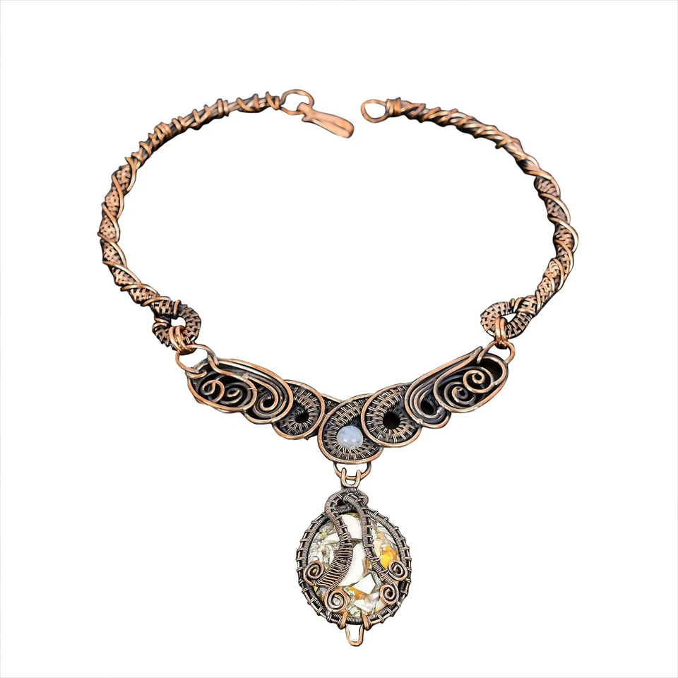 Collar envolvente de alambre de cadena de piedra lunar arco iris piedra mocaíta brechada cobre Foto 1 de 1