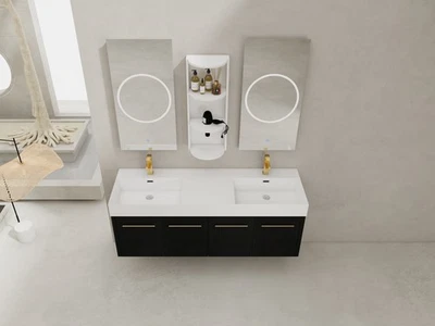 Mueble tocador de baño flotante montado en la pared de 60 pulgadas con lavabo superior de resina doble Foto 1 de 4