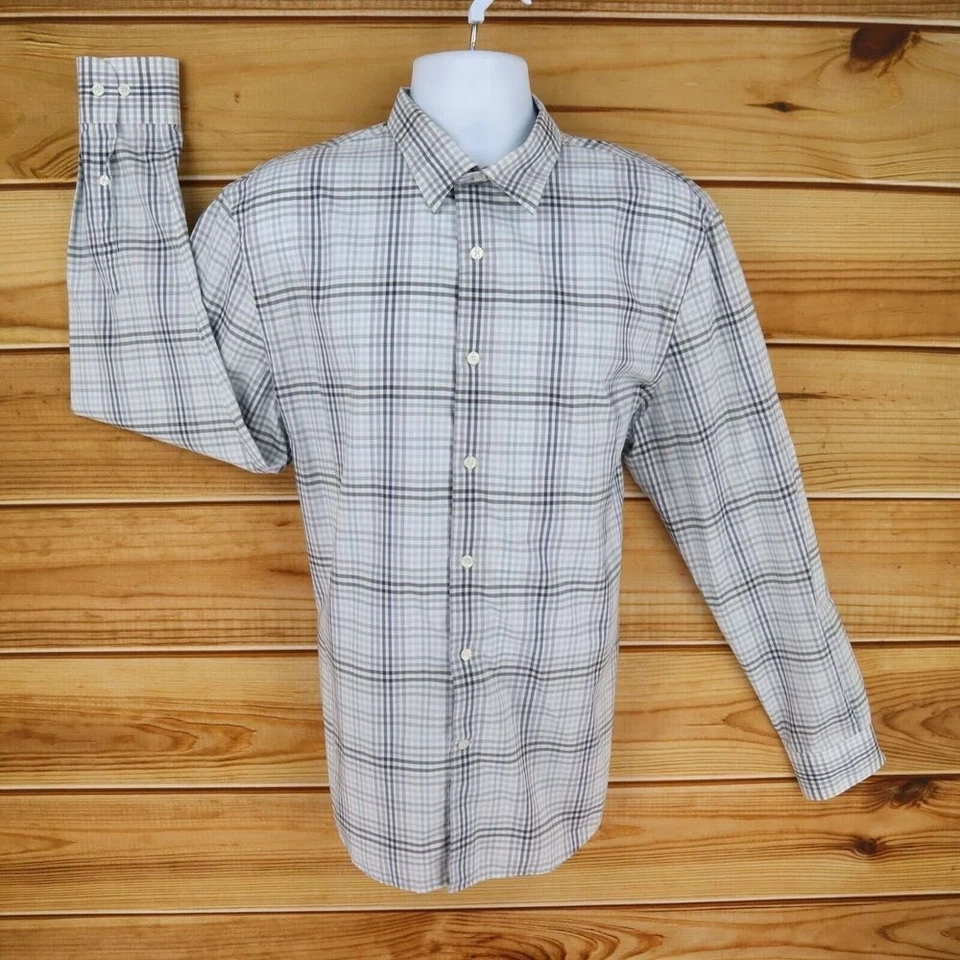 Camisa de vestir Perry Ellis sin planchar para hombre talla XL blanca gris algodón a cuadros manga larga Foto 1 de 4