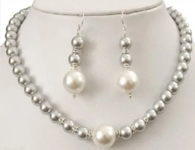 Lindo conjunto de brincos de colar de pérolas cinza 8-12 mm concha do mar do sul 18"" - Imagem 1 de 4