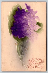 Many Happy Returns of the Day with Purple Floral, C1907 Vintage Postcard - Picture 1 of 2