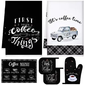 6 PCS Kitchen Towels Pot Holder Set Oven Mitt Dish Cloths Coffee Style Decor - Picture 1 of 6