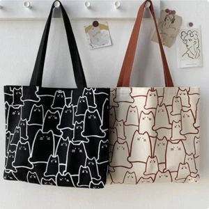 Canvas Handbags For Women Cat Print Tote Bag Japanese Style Shoulder Bag - Picture 1 of 10