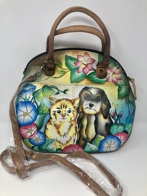 Bolso Bandolera Anuschka Pintado a Mano Cúpula Amigos Perro y Gato Forever Foto 1 de 3