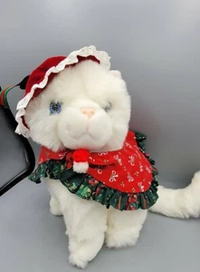 Vintage Dan Dee Weihnachten weiße Katze Kätzchen gekleidet mit Hut Band Rüschen Cape Plüsch - Bild 1 von 11