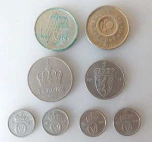 Norway Eight (8) Krone + Ore Coins, 1974 - 1996 - Picture 1 of 12