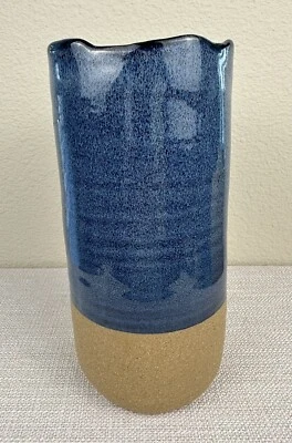 Jarrón de cerámica contenedor cilindro esmalte moteado azul y base marrón 9 pulgadas Foto 1 de 4