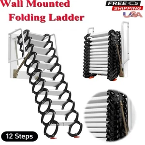 10ft Attic Loft Pull Down Ladder 12 Steps Wall-Mounted Folding Ladder Stair US - Picture 1 of 9