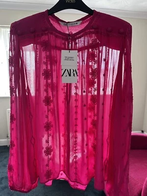 Zara Limited Edition Fuchsia Pink Embroidered Blouse Top Size L Boho Holiday 70s - Image 1 of 4