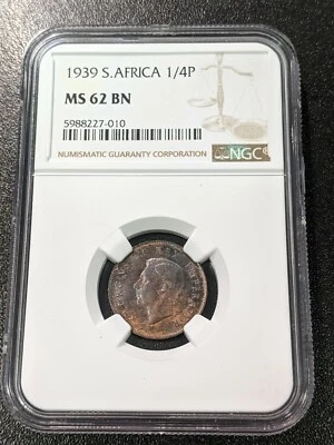 1939 MS62 BN South Africa 1/4 Penny NGC UNC KM 23 Farthing - Image 1 of 4