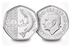 2023 Atlantic Salmon 50p Coin Brilliant Uncirculated BUNC WITH PRIVY MARK MINT - Picture 1 of 16