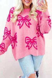 Lockerer Pullover rosa Schleifenmuster Drop Shoulder - Bild 1 von 8
