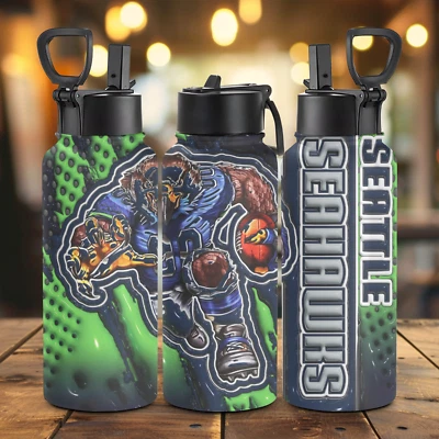 Botella de agua deportiva Seattle Seahawks 32 oz con frasco aislante de paja y mango Foto 1 de 3