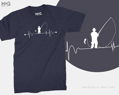 Fishing Heart Pulse T-Shirt Fisherman Angling Father Daddy Grandad Fish Gift Tee - Image 1 of 4