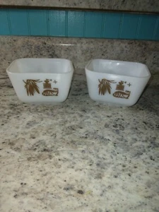 2 Pyrex Vintage Early American 501 B Refrigerator Dishes Cat Corn Coffee EUC - Picture 1 of 6