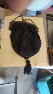 antike Geldbörse Victorain Klapp Klapprahmen schwarz Seide lange Quaste 1880-1900 - Bild 1 von 5