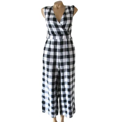 Mono Monzón Lino Puro Talla UK 10 Negro Blanco Cuadros Cinturón NUEVO Foto 1 de 3