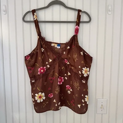Old Navy Babydoll Cami Tank Sz XL Satin Lace Brown Pink Floral Fall Romantic Y2K - Image 1 of 4