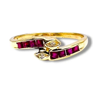 Solid 18k Yellow Gold Red Ruby Rubies Diamond Band Ring SZ 5.5 - Picture 1 of 21