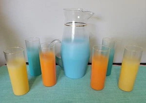 Blendo Pitcher 6 Tall Tumblers  Blue Yellow Orange Vintage Mid-Century Modern - Picture 1 of 7