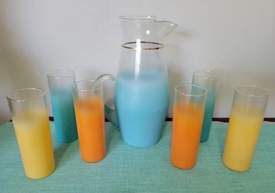 Blendo Pitcher 6 Tall Tumblers  Blue Yellow Orange Vintage Mid-Century Modern - Image 1 of 4
