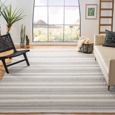 Alfombra de acento Montauk Collection - 3' x 5', azul y beige, algodón a rayas hecha a mano... Foto 1 de 4