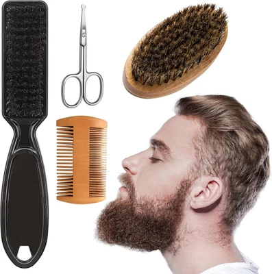 4 Pezzi Spazzola Barba Uomo Set, Pettine Barba Legno Uomo Setole Di Cinghiale Fo - Immagine 1 di 4