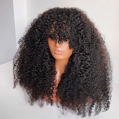 100% Human Hair Women's Wig With Bangs 10" Brazilian Lace Wig Deep Curly 14” - Image 1 of 4