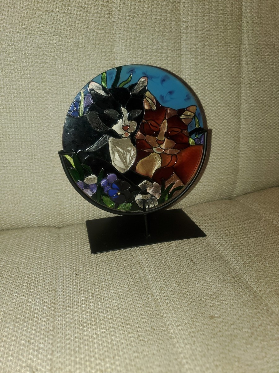 Joan Baker サンキャッチャー Vintage JOAN BAKER Designs CATS Hand Painted Stained Glass