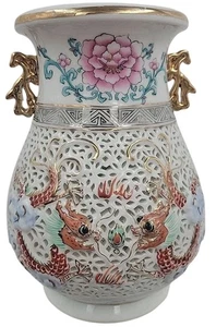 Vintage chinesische netzförmige Blumen Koi Fisch Vase mit Goldrand 7,5" hoch x 6" D - Bild 1 von 7