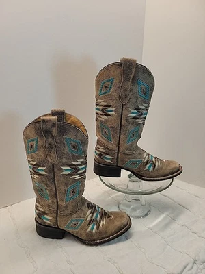 Botas occidentales Corral Teens talla 2 cuero bordado estampado azteca punta cuadrada Foto 1 de 4