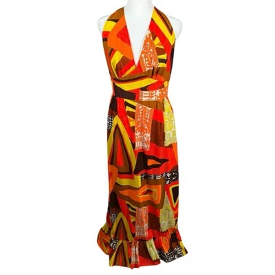 Maxi Vestido Halter Hawaiano Años 60 De Colección XS Pequeño Tiki Años 70 MCM Abstracto Mod Foto 1 de 4