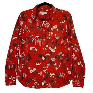 Blusa Top Ann Taylor Loft Roja Floral Abotonada Mangas Largas con Pestaña Enrollable Talla Pequeña - Imagen 1 de 6