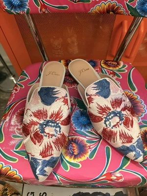 J.Crew Marina NWOT Embroidered Ingalls Floral Mules White Slip-On Loafers Sz 7 - Image 1 of 4