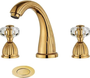 Glänzende polierte Gold breite Badezimmer Waschbecken Wasserhahn, zwei Kristall Griff drei... - Bild 1 von 7