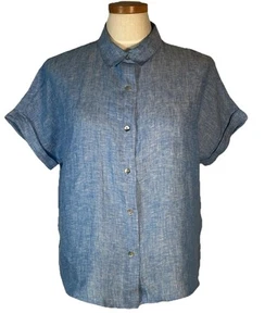 Camicetta TAHARI lino con bottoni maniche corte media nuova con etichette look chambray spiaggia - Foto 1 di 13