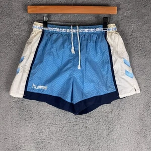 Vintage HUMMEL Nylon Satin Soccer Shorts Men's Small Blue White 90s Umbro Style - Picture 1 of 7