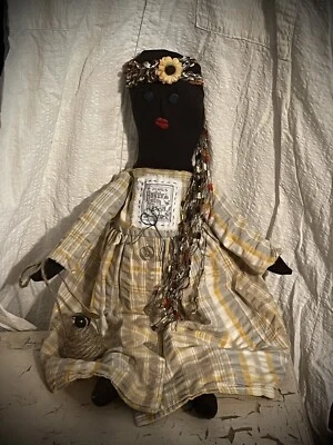 Grubby Primitive Distressed Prairie Rag Doll Yellow Dress Miss Bea w Honey Bee - Image 1 of 4