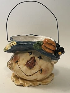 Halloween Scarecrow Ceramic Treat Ice Bucket Basket Table Decor Wire Handle - Picture 1 of 10