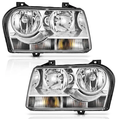 Pair Headlights For 2005-2010 Chrysler 300 Chrome Halogen with Bulbs - Image 1 of 4