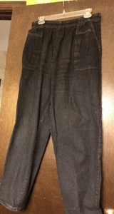 Women Size 16 Elastic Waist 30-34 Black Cotton Denim Pants Inseam 29 - Picture 1 of 4